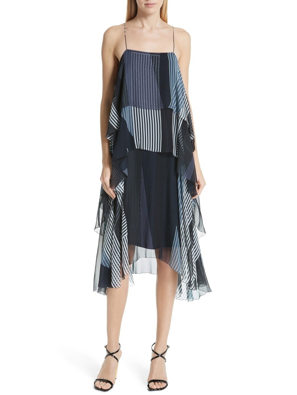 Women's Grey Jason Wu Collage Stripe Silk Tiered Dress, Size 2 - Blue